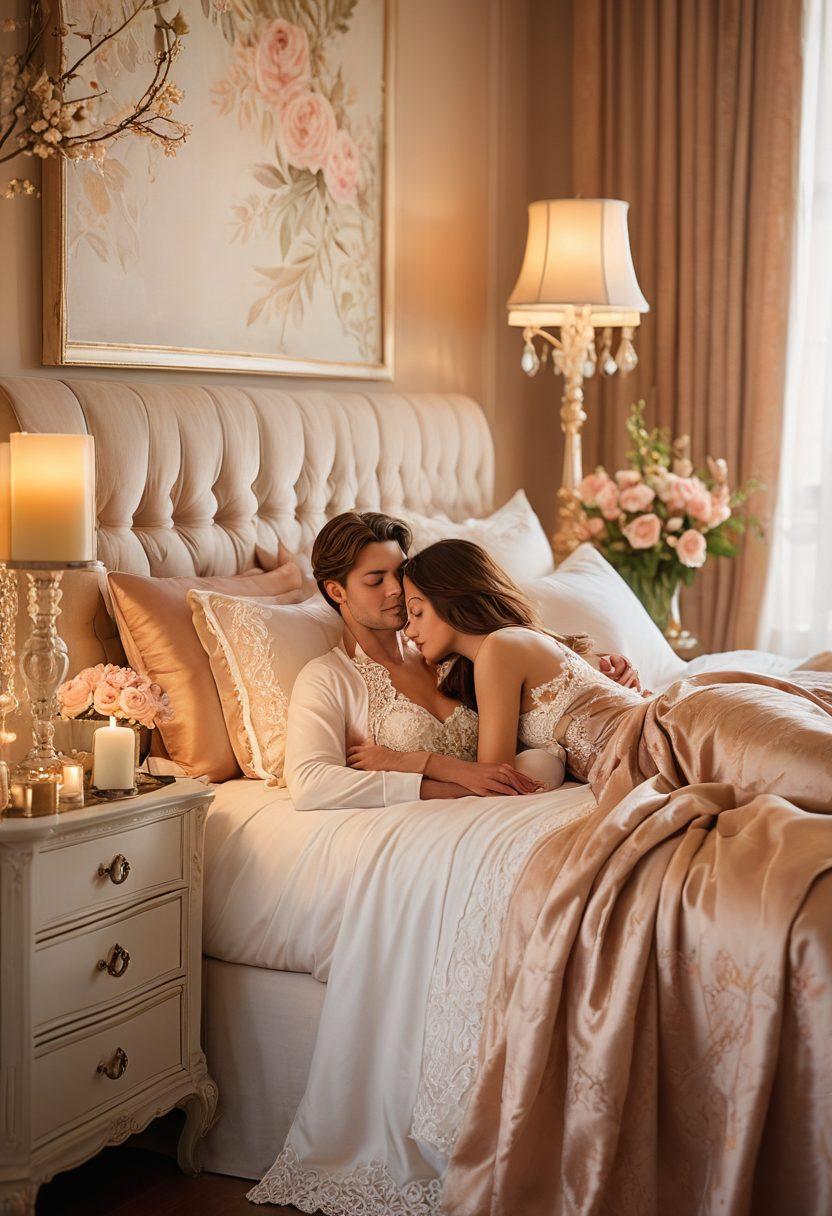 A serene and inviting bedroom, elegantly adorned with soft fabrics and dim, warm lighting, illustrating a couple in a gentle embrace, capturing the essence of intimacy and trust. Subtle lace and silk details intertwine with hints of nature through soft flowers and candles, evoking a sense of sensuality and comfort. The mood is enchanting, suggesting exploration and connection. surreal aesthetic. soft focus. warm color palette.